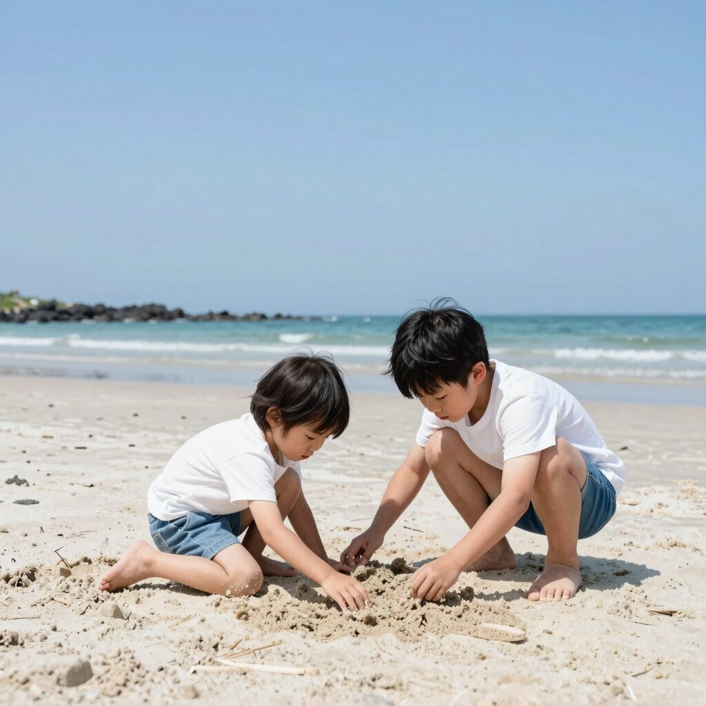 아이와 함께 제주도 함덕해수욕장에서 모래놀이하는 모습, 6월 맑은 하늘과 바다