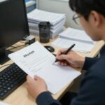 세무서에서 종합소득세 신고를 위해 준비한 서류를 확인하는 모습