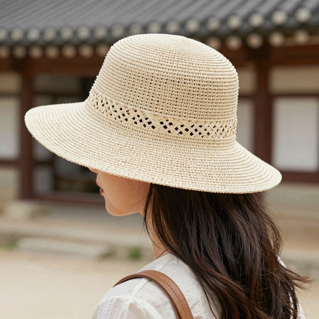 레이스 디테일이 돋보이는 여성용 밀짚모자 여름 필수 아이템