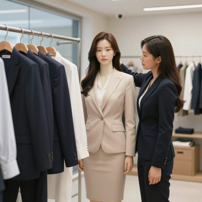 여름 면접 복장 더웨이나인 강남점에서 여성 정장 코디 피팅하는 모습