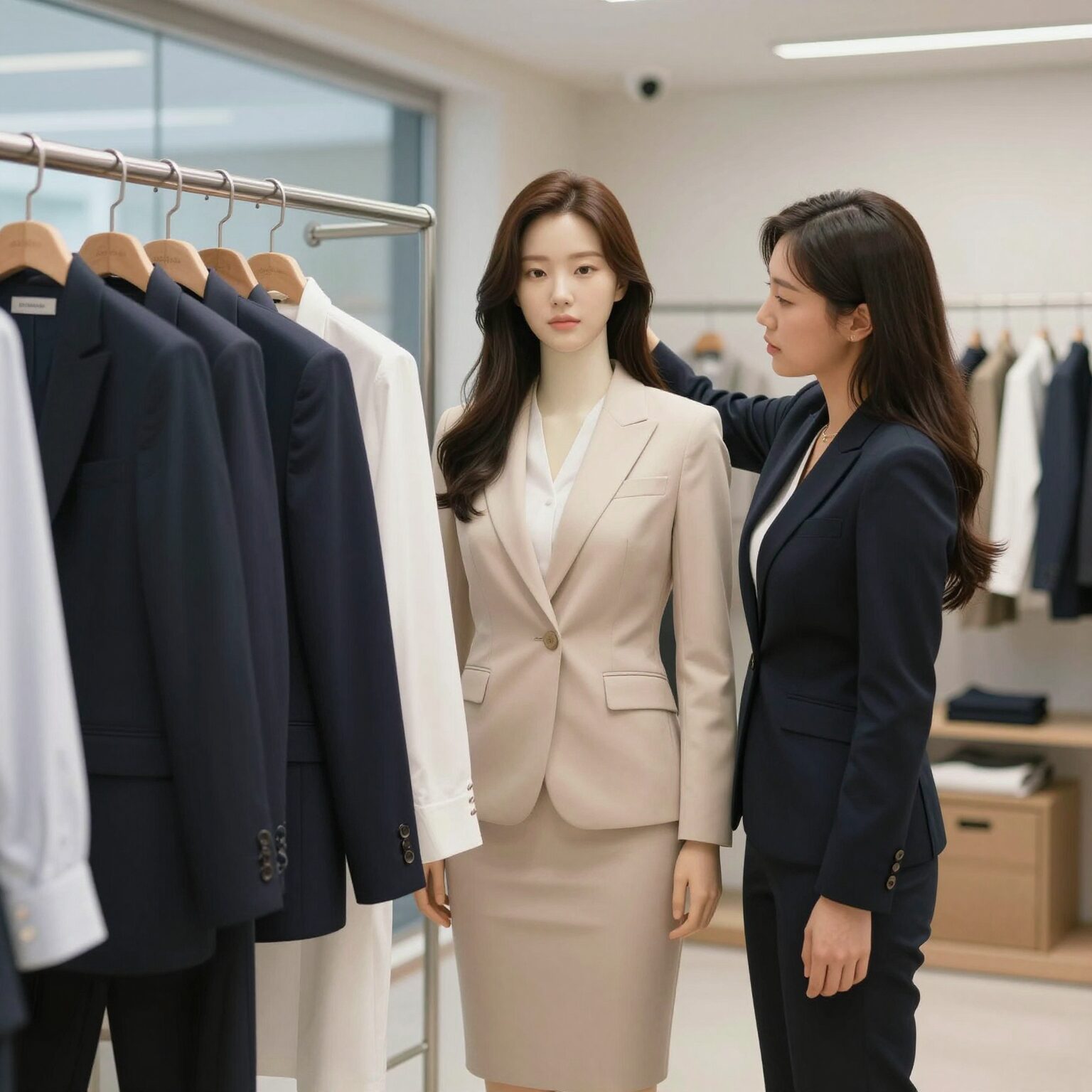 여름 면접 복장 더웨이나인 강남점에서 여성 정장 코디 피팅하는 모습