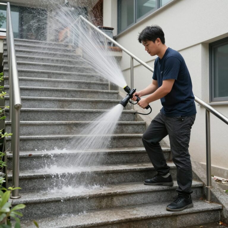 고압 워터건으로 빌라 계단을 물청소하는 모습