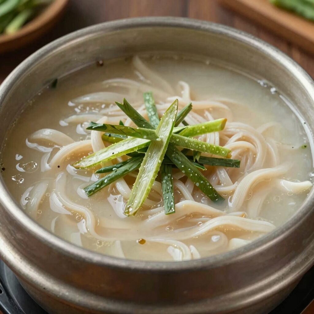 콩국수 그릇에 담긴 모습, 고소한 콩국물과 오이 고명