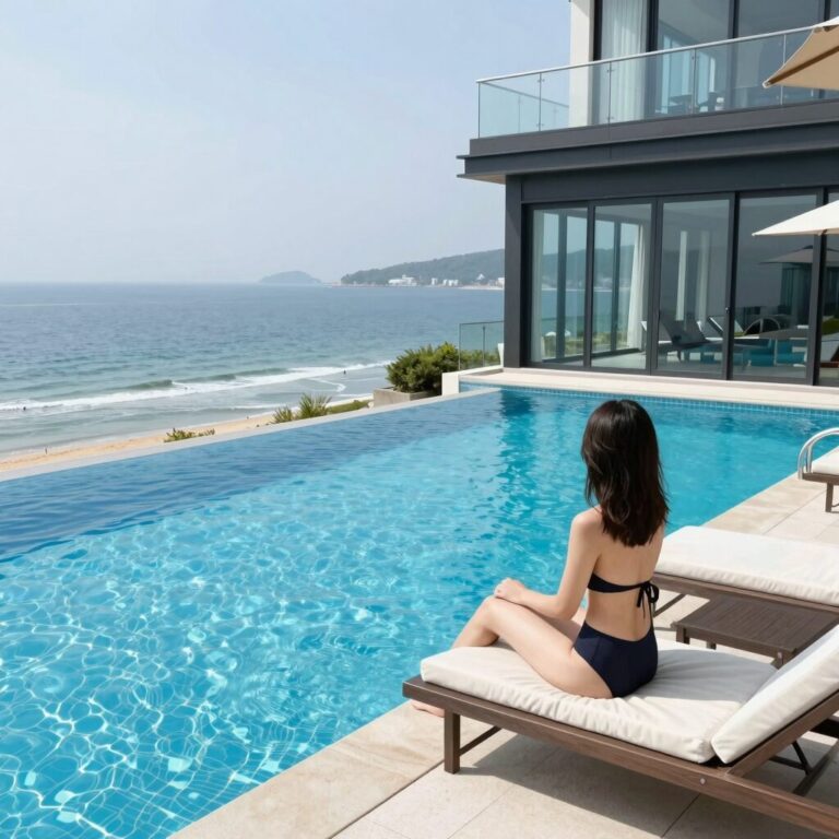 여수 인피니티풀 펜션 해미리온 풀빌라 전경, 개인 테라스 수영장과 오션뷰